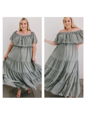 NEW Baltic Born Green Swiss Dot Off the Shoulder Maxi Dress Sz XXXL
